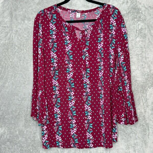 Old Navy XL Shirt Top Maroon Purple Floral Flounce 3/4 Sleeve Henley Scoop Neck